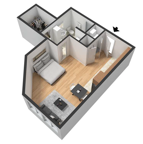 Floor plan for studio, 1 bath, 535 sqft