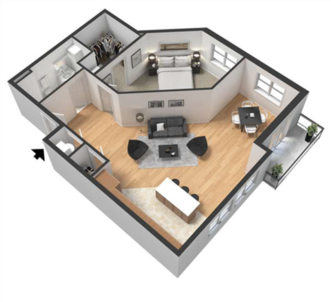 Floor plan for 1 bed, 1 bath, 912 sqft