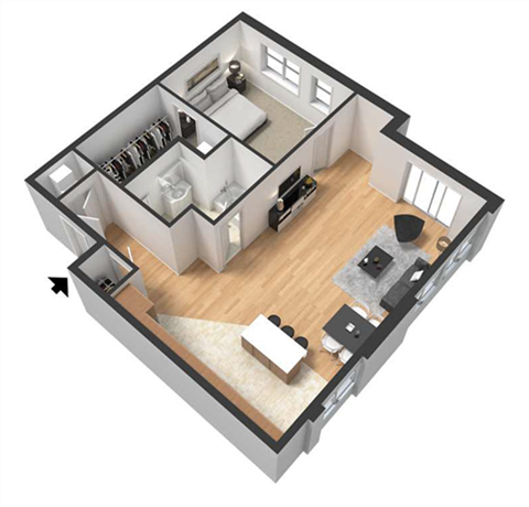 Floor plan for 1 bed, 1 bath, 865 sqft