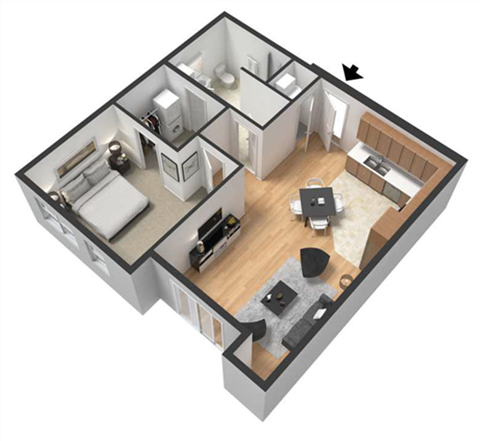 Floor plan for 1 bed, 1 bath, 725 sqft