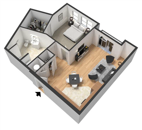 Floor plan for 1 bed, 1 bath, 821 sqft