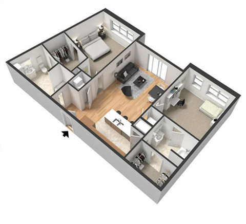 Floor plan for 2 beds, 2 baths, 1081 sqft