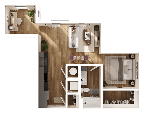 Floor plan for studio, 1 bath, 838 sqft