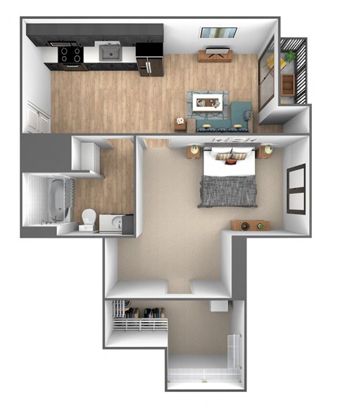 Floor plan for 1 bed, 1 bath, 730 sqft