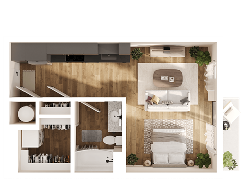 Floor plan for studio, 1 bath, 555 sqft