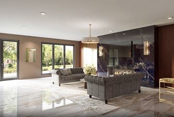 Omaha apartment for rent - A modern living room with a grey sofa and a chandelier.