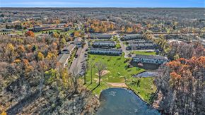 Battle Creek apartment for rent - An aerial view of a campus with a lake and autumn trees.