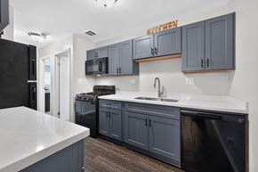 Carol Stream apartment for rent - Kitchen at Renaissance at Carol Stream featuring a black refrigerator and matching cabinets in Carol Stream, IL.