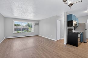 Battle Creek apartment for rent - A kitchen area with a black fridge and a window with a view of a fence and trees.