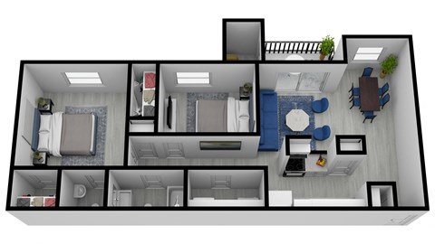 Floor plan for 2 beds, 1.5 baths, 937 sqft