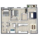 Floor plan for 2 beds, 1 bath, 1111 sqft