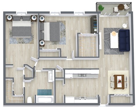 Floor plan for 2 beds, 1 bath, 1048 sqft