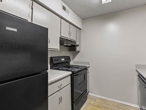 Montgomery apartment for rent - A black refrigerator is in a kitchen with white cabinets.