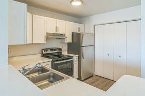 Port Huron apartment for rent - A kitchen with a stove, sink, and refrigerator.