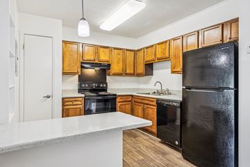 Mobile apartment for rent - A kitchen with wooden cabinets and black appliances.