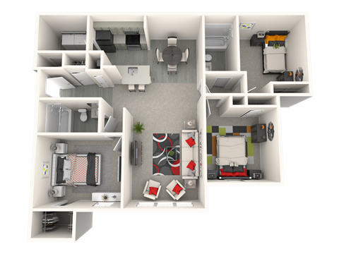 Floor plan for 3 beds, 2 baths, 1266 sqft