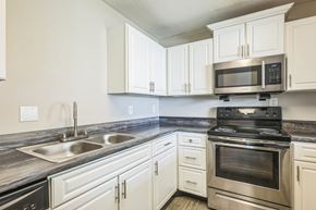 Prattville apartment for rent - A kitchen with a stove, sink, and cabinets.