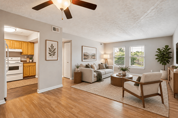 Louisville apartment for rent - A living room with a couch, chair, and a rug.