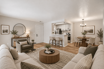 Westland apartment for rent - A living room with a grey couch and a coffee table in the middle.