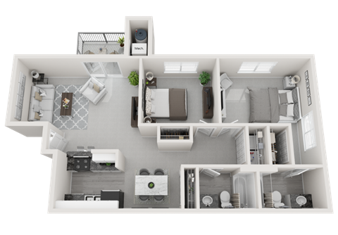 Floor plan for 2 beds, 2 baths, 904 sqft