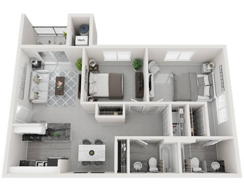 Floor plan for 2 beds, 2 baths, 945 sqft