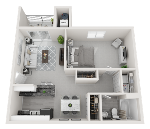 Floor plan for 1 bed, 1 bath, 613 sqft