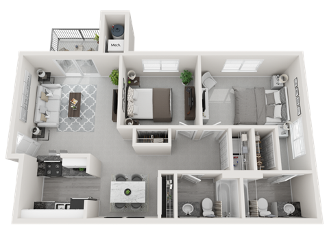 Floor plan for 2 beds, 2 baths, 980 sqft