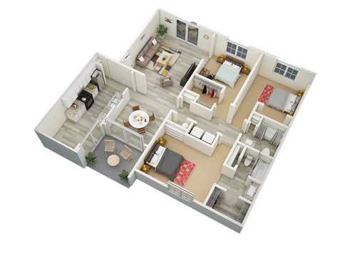 Floor plan for 3 beds, 2 baths, 1385 sqft