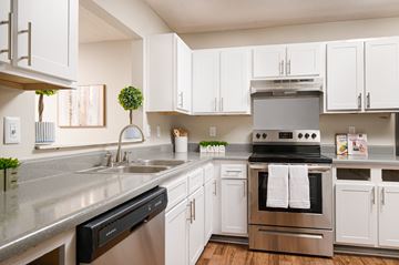 Richland apartment for rent - A modern kitchen with white cabinets and stainless steel appliances.