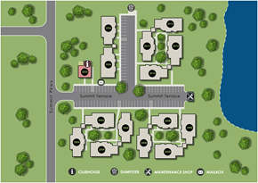 Prattville apartment for rent - A map shows a layout of a residential area with a clubhouse, dumpster, maintenance shop, and mailbox.