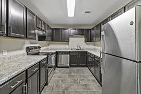 Lake Charles apartment for rent - A kitchen with black cabinets and a granite counter top.