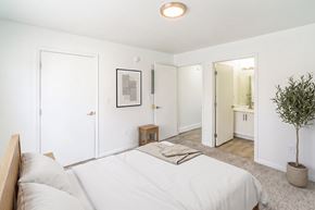 Port Huron apartment for rent - A bedroom with a bed, a small table, and a plant.