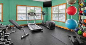 Louisville apartment for rent - A gym with a treadmill, weights, and exercise balls.