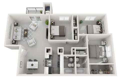 Floor plan for 3 beds, 2 baths, 1268 sqft