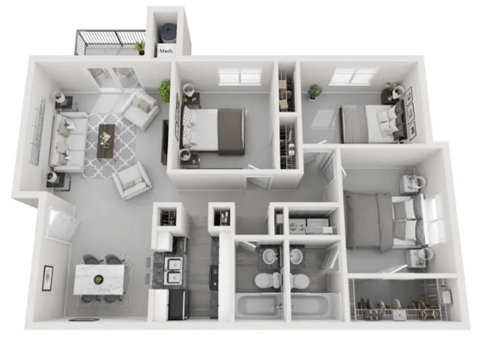 Floor plan for 3 beds, 2 baths, 1193 sqft