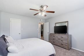 Tallahassee apartment for rent - A bedroom with a bed, dresser, and television.