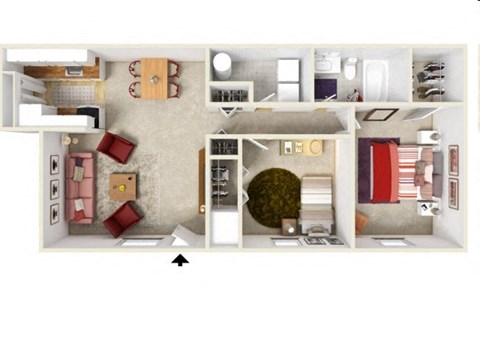 Floor plan for 2 beds, 1 bath, 910 sqft