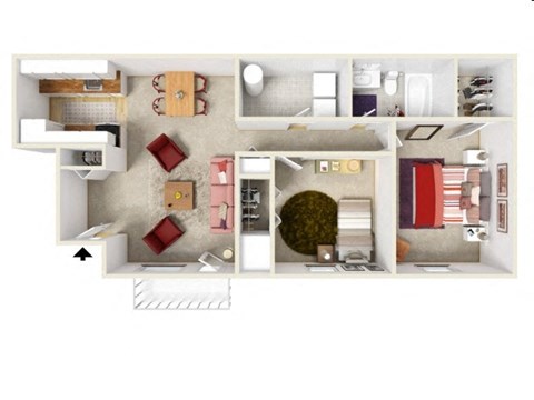 Floor plan for 2 beds, 1 bath, 910 sqft