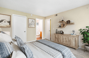 Saint Joseph apartment for rent - A bedroom with a bed, a dresser, and a plant.