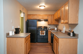 Saint Joseph apartment for rent - A kitchen with wooden cabinets and a black fridge.