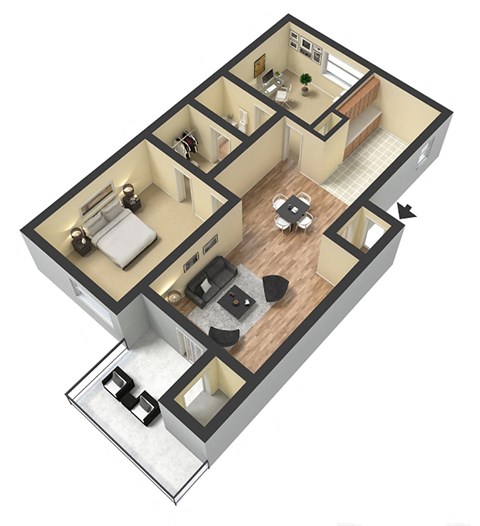 Floor plan for 1 bed, 1 bath, 718 sqft