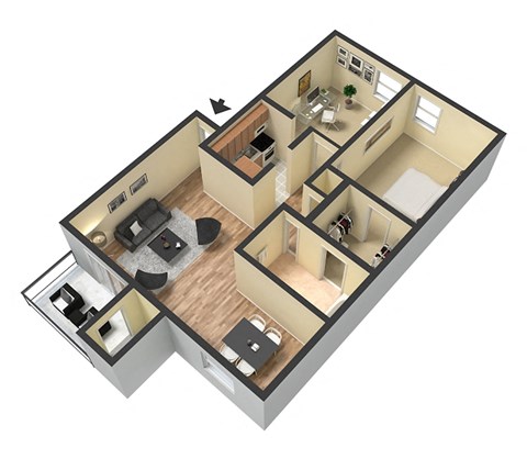 Floor plan for 1 bed, 1 bath, 873 sqft