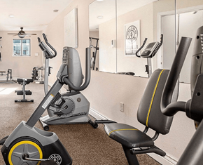 Battle Creek apartment for rent - A gym with a row of exercise bikes.