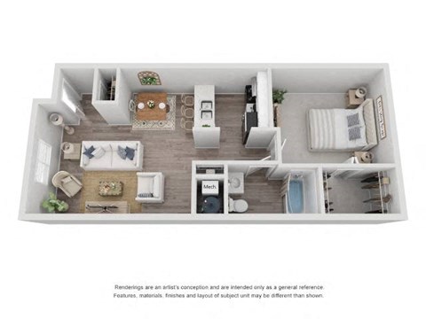 Floor plan for 1 bed, 1 bath, 635 sqft