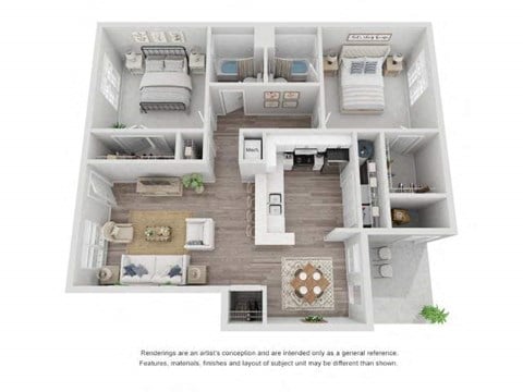 Floor plan for 2 beds, 2 baths, 987 sqft