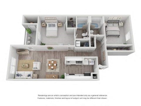 Floor plan for 2 beds, 2 baths, 952 sqft