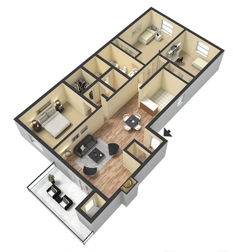 Floor plan for 3 beds, 2 baths, 1225 sqft