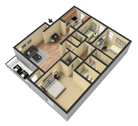 Floor plan for 3 beds, 2 baths, 1340 sqft