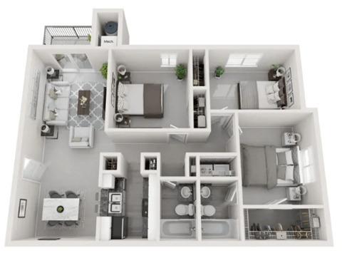 Floor plan for 3 beds, 2 baths, 1259 sqft