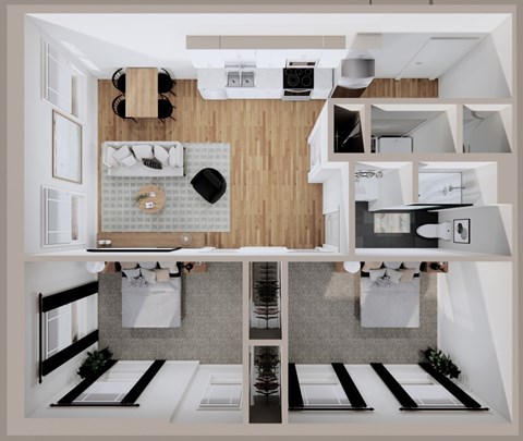 Floor plan for 2 beds, 1 bath, 883 sqft